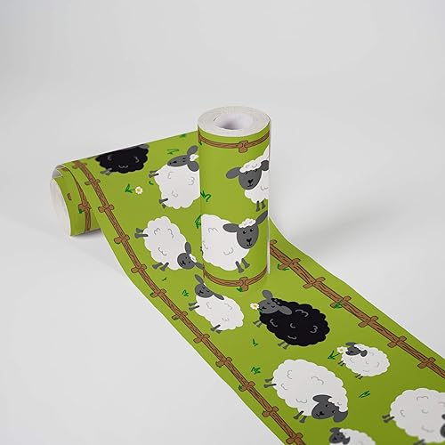 Lovely Kids Kinderzimmer Bordüre selbstklebend Sheep Family Wandbordüre mit niedlichen Schafen für Babyzimmer und Kinderzimmer Wandtattoo für Mädchen und Jungen in grün, weiß, schwarz, braun - Cheap-Us
