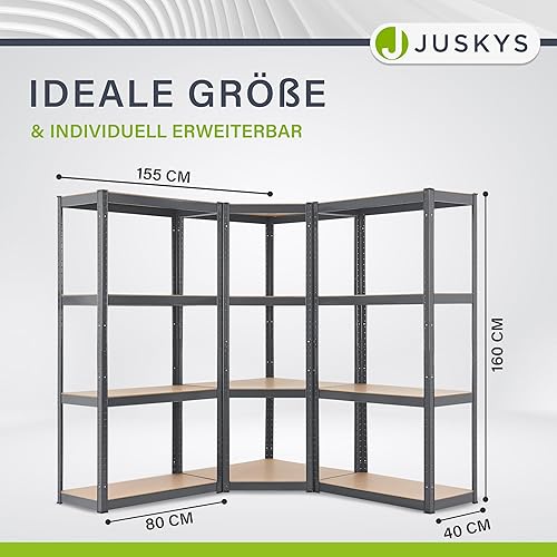 Juskys 3er Metall Regalsystem Easy - 1 Eckregal & 2 Lagerregale - 12 Böden aus MDF Holz - 960 kg - Schwerlastregal Steckregal - Cheap-Us