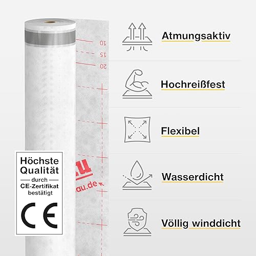 Isolbau Unterspannbahn Dach SPB 100 SKS, 75 m² Rolle (1,5 x 50 m) - Selbstklebende Dachfolie 100 g/m² & 2 Klebestreifen - Dampfdurchlässige Unterdeckbahn, wasserdicht und witterungsbeständig - Cheap-Us