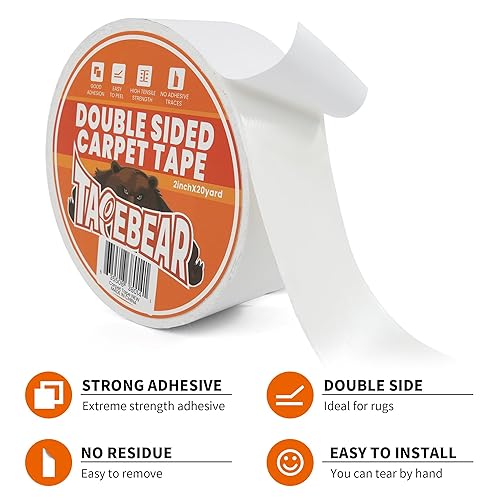 TAPEBEAR Teppichklebeband Doppelseitig Extra Starkes 18m x 50mm, RüCkstandsfrei Doppelseitiges Teppich Klebeband von Teppich, Bodenbelag, den privaten und professionellen Gebrauch, Weiß - Cheap-Us