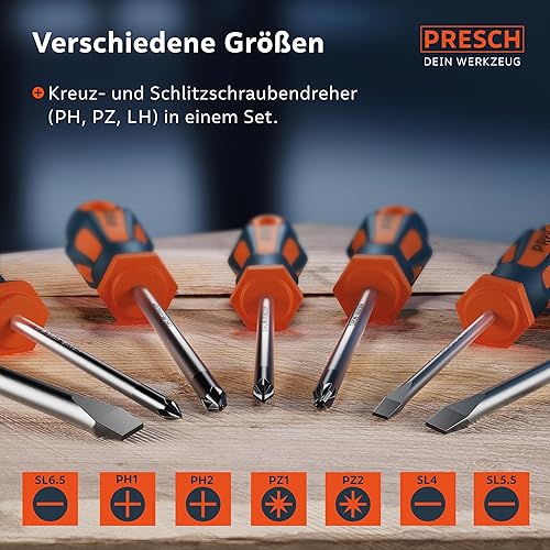 Presch Profi Schraubendreher Set 7tlg - Magnetischer Schraubenzieher Satz mit Schlitz und Kreuzschlitz PH, PZ, SL - Hochwertiger, mit gehärteten Spitzen - Cheap-Us
