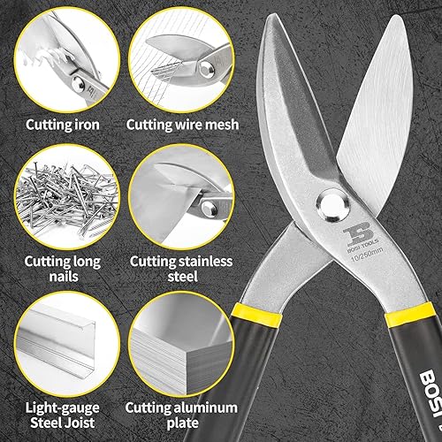 B BOSI TOOLS Blechschere, 250mm Metallschere, Hochfester geschmiedeter und wärmebehandelter Kohlenstoffstahl mit komfortablem schwarzem Gummigriff - Cheap-Us
