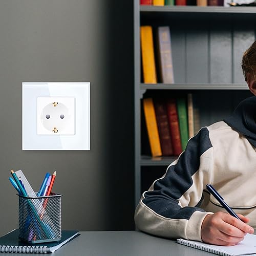 LIAONFOY Glas Schuko Doppelt Steckdose Unterputz 2 Fach Wandsteckdose Weiße Farbe mit Glasrahmen 16Amp 110-250V 157mm - Cheap-Us