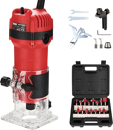 TEENO Holzfräse Oberfräse 800W 31000 U/min mit Staubabsaugungsanschluss, Elektrik Kantenfräse Mit 15 Stück 1/4' Fräsen Cuter Mit Spannzange 6MM, 6.35 MM, Für die Holzbearbeitung - Cheap-Us