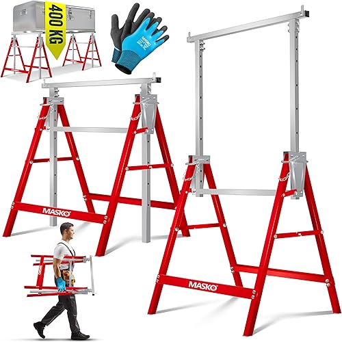 MASKO® Teleskop-Arbeitsbock Untergestell 1-er Set | Klappbock max. Belastbarkeit 200 kg | Unterstellbock höhenverstellbar Min. / max. Arbeitshöhe 800-1300 mm | Gerüstbock inkl. Handschuhe | Blau - Cheap-Us