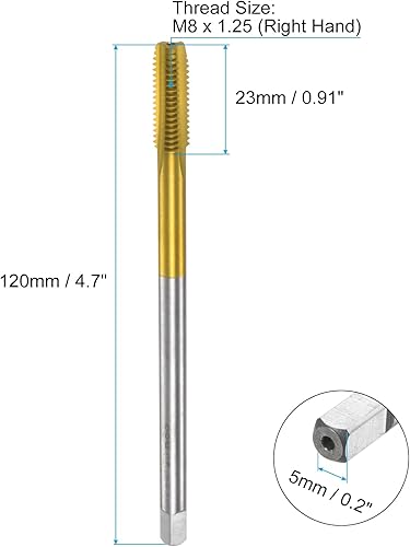 QUARKZMAN Metrisches Gewindebohrer M8 x 1.25 H2 120mm Extra lang, Titanbeschichtet, Hochgeschwindigkeitsstahl 6542, Gerade Nut, Gewindeschneidemaschine, Gewindeschneiden, Reparaturwerkzeug - Cheap-Us