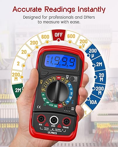 ULTRICS Digital Multimeter, Voltmeter, Batterietester, Spannungsprüfer, Durchgangsprüfer, Ohm Volt Ampere Messgerät AC/DC Spannung Strom Widerstand Diode Transistor, LCD-Anzeige und Hintergrundlicht - Cheap-Us