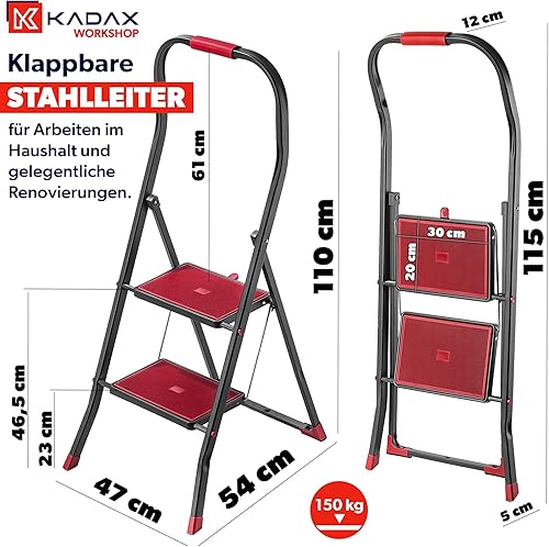 KADAX Klappbare Stahlleiter, schwarz-rote Trittleiter mit Traglast bis 150kg, Leiter mit Klappsicherung, Handlauftritt mit rutschfesten Stufen (2 Stufen) - Cheap-Us