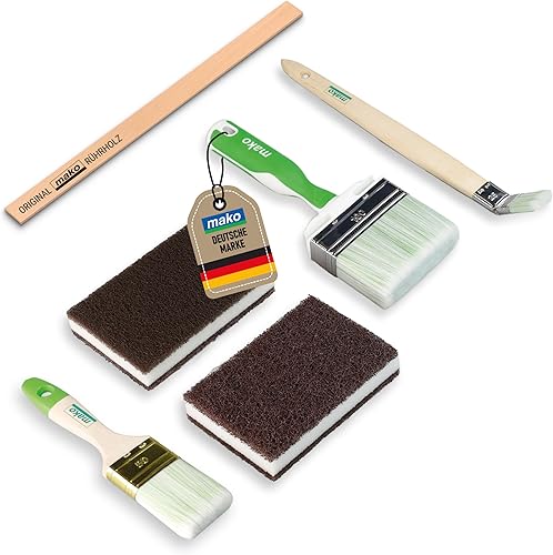 mako PROFI Lasurset 6-teilig inkl. Schleifschwamm, Flachpinsel, Plattpinsel, Flächenstreicher und Rührholz – Kein Borstenbruch, hohe Farbaufnahme & Reichweite, perfekt für jegliche Lasurarbeiten - Cheap-Us