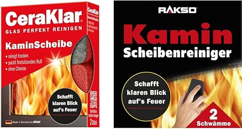 abrazo CeraKlar KaminScheibe, 2x Kaminscheibenreiniger-Schwamm kratzfrei & RAKSO Glas-Reiniger für Kamin-Scheiben Ofenglasreiniger Schwamm Kaminreiniger Kamin-Ofen und Kaminscheibenreiniger 2 St - Cheap-Us