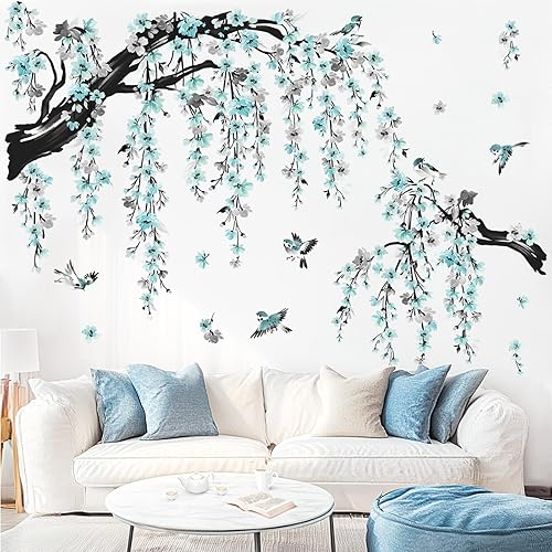 wondever Wandtattoo Baum Ast Blüten Groß Wandaufkleber Hängende Blumen Blau Wandsticker Wanddeko für Wohnzimmer Schlafzimmer Sofa Hintergrund - Cheap-Us