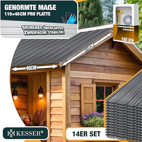 KESSER® 14x Profilblech Trapezblech 110cm x 46cm = 7 m² - Dachblech für Gerätehaus, Dachplatten Verzinkter Stahl 0,25mm, inkl. 100 Schrauben + Unterlegescheiben & Montagehandschuhe, Anthrazit - Cheap-Us