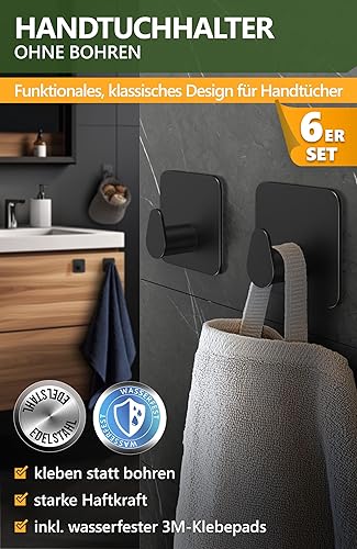 4smile Handtuchhalter ohne Bohren, 6er SET - Schwarze Handtuchhaken Bad als praktische Klebehaken - Hochwertige Haken selbstklebend, Wandhaken, klassisches Design - Cheap-Us