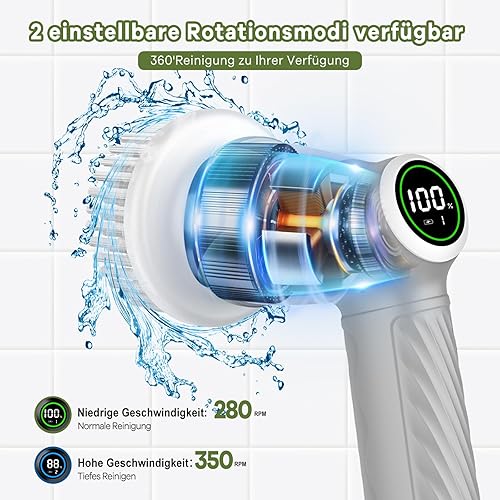 Elektrische Reinigungsbürste, Spin Scrubber für Bad, Schnurlose Reinigungsbürste mit 7 Reinigungsköpfen, 2 einstellbare Geschwindigkeiten, Druckerkennung, Led Anzeige Cleaningbrush für Tiefenreinigung - Cheap-Us
