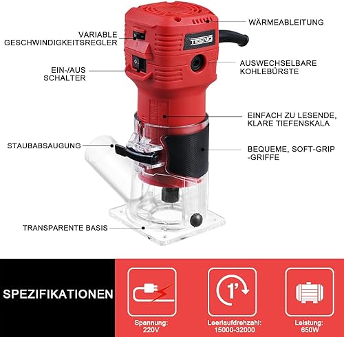 TEENO Holzfräse Oberfräse 650W 15000–32000 U/min mit Tragetasche, 6 Variable Geschwindigkeiten, Elektrik Kantenfräse Mit 12 Stück 1/4' Fräsen Cuter Mit Spannzange 6MM, 6.35MM, Für die Holzbearbeitung - Cheap-Us