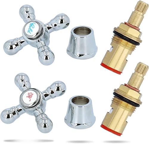 2 Paar Wasserhahngriff Set Keramik Oberteil Messing Ventiloberteil 1/2 Zoll Sanitär-Oberteil Mit Nostalgie Retro Griff Chrom Hot & Cold Rot Blau Wasserhahn Kartusche | Ersatzteile Armaturen Bad Küche - Cheap-Us