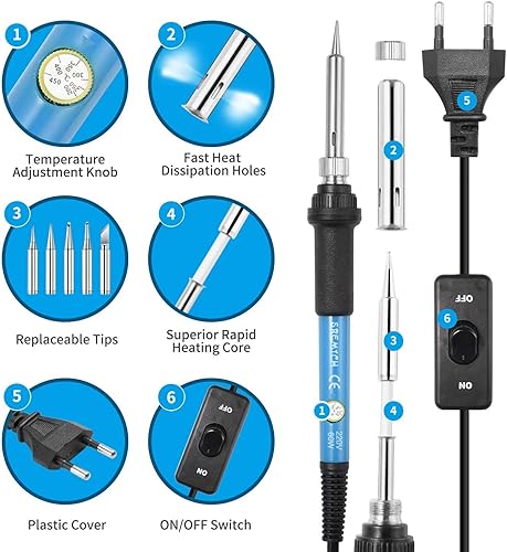 Lötkolben, SREMTCH 60W/220V Lötkolben Set mit Einstellbarer Temperatur knob 200-450°C und EIN/AUS-Schalter, 100g Lötzinn, 5 Lötspitzen, Entlötpumpe, Löten Ständer mit Schwamm, PU Bag für Reparaturen - Cheap-Us