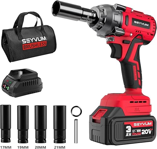 SEYVUM Akku Schlagschrauber 450Nm hohes Drehmoment mit 3.0Ah Lithium Batterie, 1/2 Zoll Bürstenloser Elektro Schlagschrauber für Haus und Auto, 4 Stecknüsse, Schnellladegerät - Cheap-Us