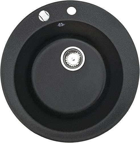 Manestein Spülbecken, Küchenspüle aus Granit, Einbauspüle, Einzelbecken mit Siphon, Fleckenbeständig und Pflegeleicht, 80% Quarzsand, 1 Becken, Rund, Ø 49, Graphit - Schwarz Gesprenkelt - Cheap-Us