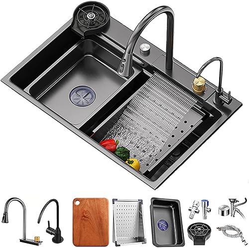 Spüle, Einzelbeckenspüle aus Edelstahl 304, Küchenspüle, schwarzes Quadrat, Flying Rain-Spüle, Flying Rain-Wasserfall, Unterbau-Arbeitsplatzspüle mit herunterziehbarem Wasserhahn, Tassenwaschmaschine, - Cheap-Us