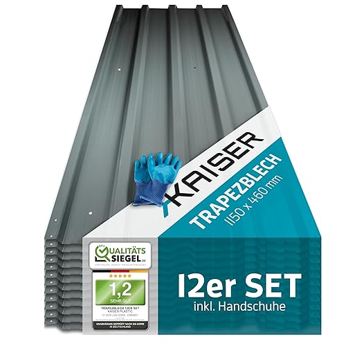 KAISER Trapezblech | Wellblech 12er SET Dachblech 115x46cm = 6,35m² | Dachplatten Farbe grau | verzinkte Wellblechplatten wetterfest | Trapezblech Blechdach Gerätehaus Profilblech - Cheap-Us