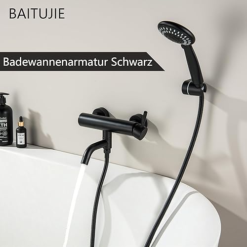 BAITUJIE Badewannenarmatur Schwarz, Mischbatterie Badewanne mit 3 Funktionen Handbrause Wasserhahn Bad Schwarz Matt mit 90° Drehbaren Auslauf Armaturen Badewanne - Cheap-Us