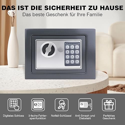Tresor 4,6L Elektronischer Safe Feuerfest Möbeltresor Für Schmuck Bargeld Sicherheit,Wasserdichter Wandtresor mit 2 Doppelstahlbolzen und 2 Notschlüssel,Zahlenschloss Stahlsafe, 23 x 17 x 17 cm - Cheap-Us