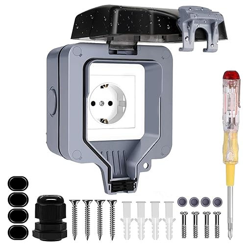 Aussensteckdose Wasserdicht IP66 Outdoor Steckdose, 1 Fach Außensteckdose Aufputz Wetterfest Gartensteckdose Schutzkontakt Wandsteckdose mit Klappdeckel für Feuchtraum Gärten - Cheap-Us