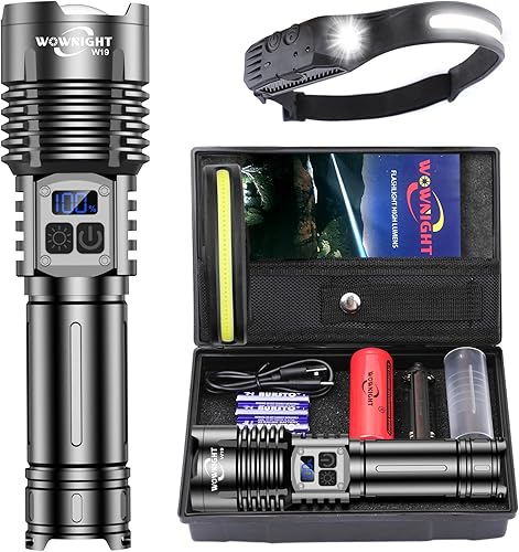 WOWNIGHT Taschenlampe LED Aufladbar 500000 Lumen, 2 Schalter LED Taschenlampe Extrem Hell USB C, Starke Taktische Taschenlampe Batteriebetrieben, Stufenlos Dimmbar Mit Stirnlampe For Outdoor Notfälle - Cheap-Us