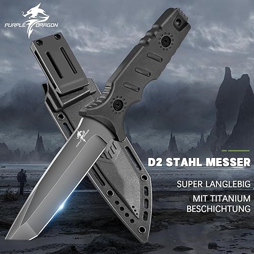 Purple Dragon Outdoor Messer Survival Messer mit Kydex Scheide, Jagdmesser Feststehende Klinge aus einem Stück D2 Stahl, Full Tang Bushcraft Messer G10 Griff für Camping, Geschenke für Männer, Khaki - Cheap-Us