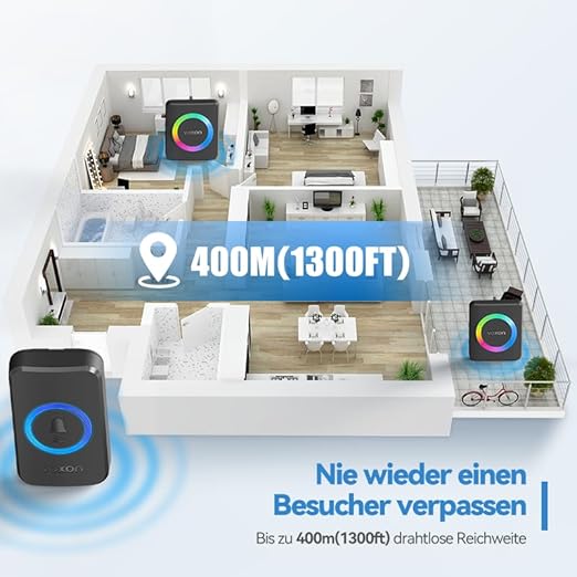 VOXON Funkklingel, Türklingel Funk Set, Kabellose Türklingel 400m Reichweite mit 2 Plug-In-Empfänger und 1 Sender, IP65 Aussen Wasserdicht Haustür Klingel, 60 Melodien doorbell Mit LED-Blitz (Schwarz) - Cheap-Us