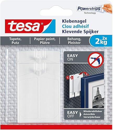 tesa Klebenagel für Tapeten und Putz - Selbstklebender Wandhaken - 8 Stück - 2 kg Halteleistung pro Nagel - Cheap-Us
