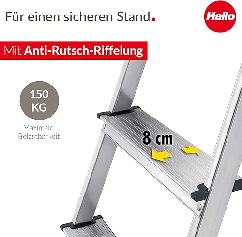 Hailo L60 StandardLine Alu Sicherheits-Stehleiter - klappbare Leiter mit 3 Stufen und Ablageschale - Arbeitshöhe bis 263 cm - Gewicht 3,3 kg - Silber - Cheap-Us