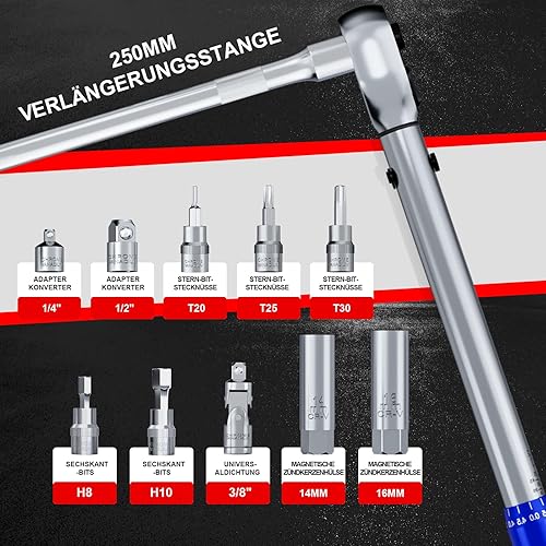 MOCINE Drehmomentschlüssel 3/8', 5-60 Nm, Fahrrad & Zündkerzen Drehmomentschlüssel-Set 13 Teilen, Inklusive 250mm Verlängerungsstange, 3/8' auf 1/2'' & 1/4'' Adapter, Zündkerzenhülse - Cheap-Us
