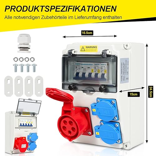 Sonnewelt Wandverteiler mit Leitungsschutzschalter und FI,5 Polig Baustromverteiler mit 2xSchuko-Steckdose und CEE-Steckdose 16A Stromverteiler für Innen und Außen - Cheap-Us