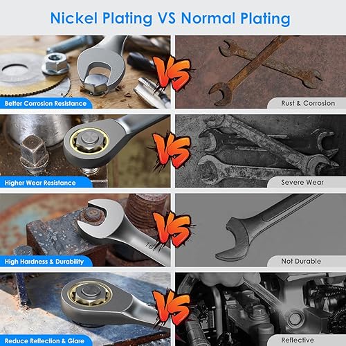 ENEACRO 12-teilig Ringratschenschlüssel Set, 6-19mm, Anti-Rutsch Ringmaulschlüssel, Gabelschlüssel-Ringmaul-Schlüssel-Set，72-Zähne, Cr-V Stahl, Vernickelt, mit Rolltasche - Cheap-Us