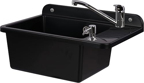 Waschbecken Ausgussbecken 51 cm Weiß Granit Polystyrol Haushaltsspülbecken Spüle mit beweglich Armatur Spülbecken Waschtrog mit Überlauf Seifenspender Siphon wandausgussbecken - Cheap-Us