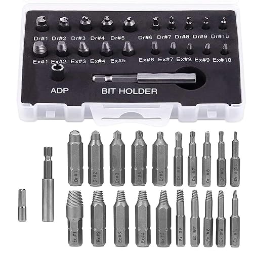 Treki 22 Stück Beschädigter Schraubenausdreher Profi Linksausdreher, HSS Gebrochene Schrauben Entferner Extraktor Kit mit 6,35 mm Bithalter, Schraubenlöser zum Entferner Abisolierte 2-12mm Schrauben - Cheap-Us