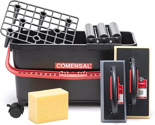 COMENSAL Fliesenwaschset - 9-teiliges Fliesenleger Waschset XL - 24L - Profi Fliesen Waschset - mit Räder - Rollenaufsatz - Gitter - Epoxi Fugenbrett - Hydroschwamm - Schwamm - Made in EU - Cheap-Us
