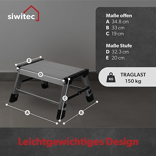 siwitec Trittleiter, 1 Stufe, Alu Klapptritt, leichte Aluminium Tritthocker bis 150 kg belastbar, Faltbare Arbeitsplattform für Camping, Küche, Bad, TÜV Zertifiziert - Cheap-Us