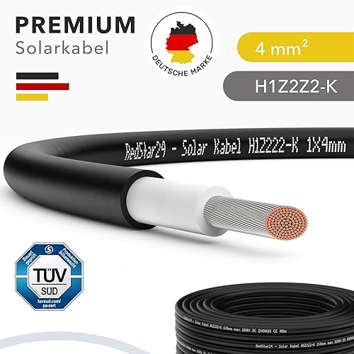 RedStar24 Premium Solarkabel 4mm² Schwarz - 100m - TÜV SÜD geprüft - UV-beständig, flexibel, Photovoltaik Kabel, PV Kabel, Solar Anschlusskabel für Solarpanel, Wechselrichter & Laderegler - langlebig - Cheap-Us