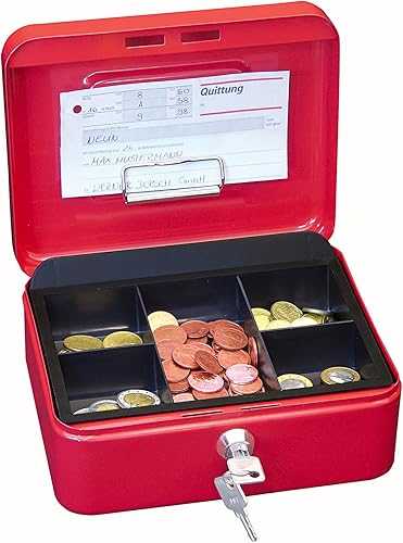Wedo 145202H Geldkassette (aus pulverbeschichtetem Stahl, versenkbarer Griff, Geldnoten- und Belegeklammer, 5-Fächer-Münzeinsatz, Sicherheits-Zylinderschloss, 20 x 16 x 9 cm) rot - Cheap-Us