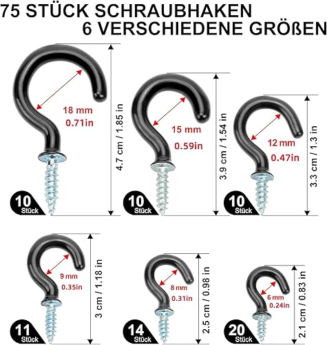 FINEASY 75 Stück Schraubhaken Schwarz 6 Größen Deckenhaken Haken Zum Schrauben,Vinyl Beschichtet Cup Haken Set Hakenschrauben (Schwarz) - Cheap-Us