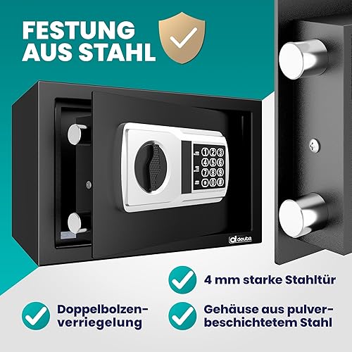 Deuba® Tresor Safe 31x20x20cm Doppelstahlbolzen Stahltür Zahlenschloss LED Licht Notschlüssel Externe Batteriebox Antirutsch-Noppen Schlüsselhaken Schutzmatte Montagematerial Möbeltresor Wandtresor - Cheap-Us