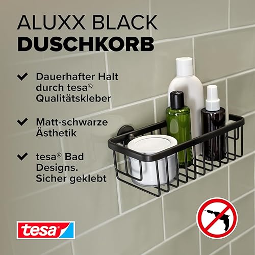 tesa ALUXX BLACK Eck-Duschablage zur Wandmontage ohne Bohren, schwarz matt - einstöckig - für Bäder im Industrial Style und moderne Badezimmer - mit Klebelösung - 192 mm x 92 mm x 200 mm - Cheap-Us