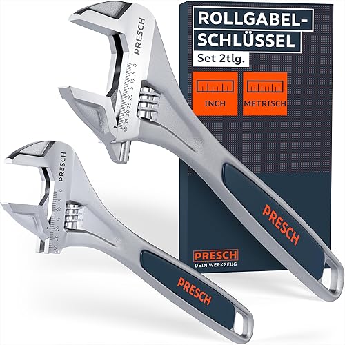 PRESCH Rollgabelschlüssel Set - 200mm & 300mm - Lasergravierte Skalen 30mm & 40mm (metrisch & inch) - Hochpräzise gefräst für besten Halt - Robuste, verstellbare Schraubenschlüssel - Cheap-Us