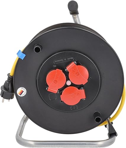 as - Schwabe Profi-Kabeltrommel – 33 m Panzerkabel-Leitung 230 V / 16 A –Trommel mit 3 Schutzkontakt-Steckdosen inkl. Schutzklappe & Thermoschutzschalter– IP44 – Made in Germany – Schwarz, 10139 - Cheap-Us