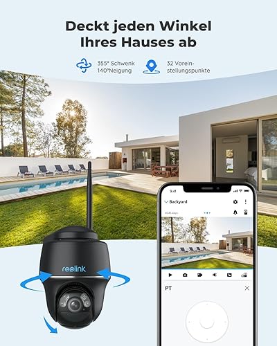 Reolink 5MP Solar Überwachungskamera Akku, 355°/140° Schwenkbar WLAN Kamera Outdoor Kabellos 2, 4/5GHz WiFi, Farbnachtsicht, Personen/Auto/Tiererkennung, Standalone, Argus PT(Schwarz)+Solarpanel - Cheap-Us