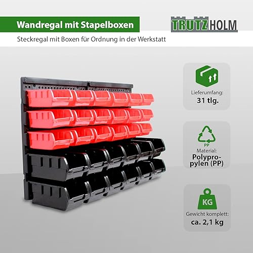TRUTZHOLM Stapelboxen mit Wandregal 32 TLG Kleinteilemagazin Schütten mit Etikettenfach (grün) - Cheap-Us