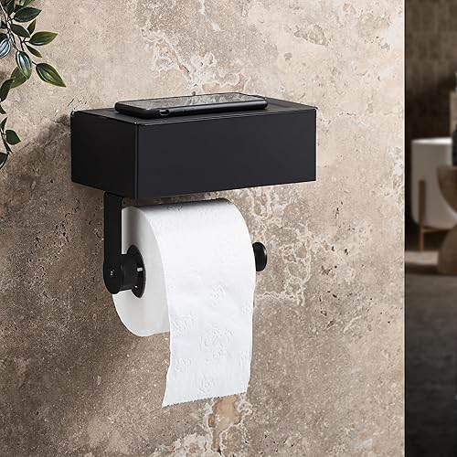 MILVEZ® - Klopapierhalter ohne Bohren, Toilettenpapierhalter mit Feuchttücherbox & Dämpfer, Klorollenhalter Edelstahl Schwarz, WC-Papierhalter, Ablage - Cheap-Us